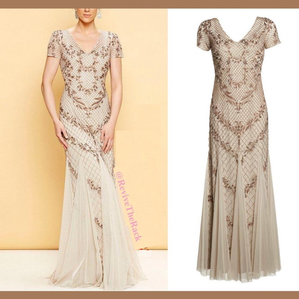 NEW Adrianna Papell Floral Beaded Mesh Mermaid Gown in‎ Biscotti [SZ 8 ]